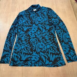 The GET Mock Neck Mesh Top Womens XL Blue Black Floral Leaf Long Sleeve Blouse